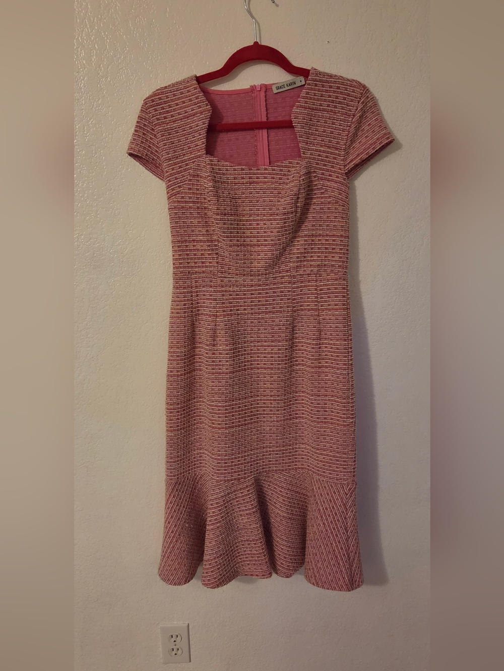 Grace Karin Pink Tweed Midi Dress with Square Scoop Neck